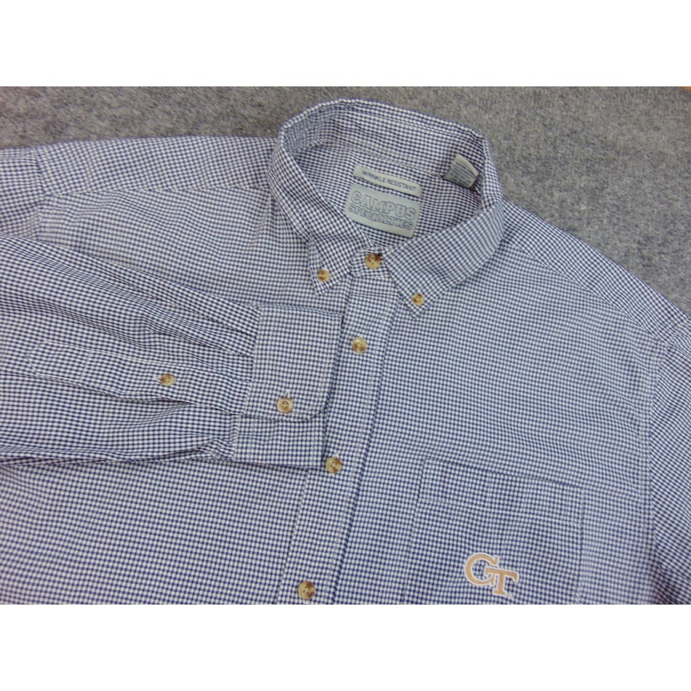 Georgia Tech Shirt Men XL Blue Gingham Button Down Long Sleeve Wrinkle Resistant